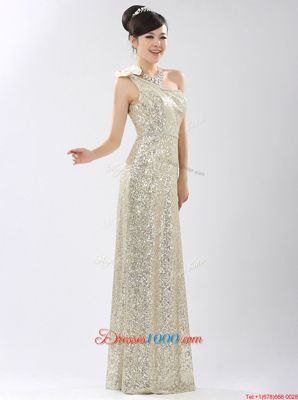 Gorgeous One Shoulder Champagne Sequined Zipper Evening Dress Sleeveless Floor Length Sequins