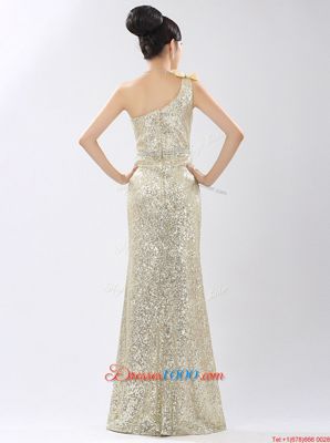 Gorgeous One Shoulder Champagne Sequined Zipper Evening Dress Sleeveless Floor Length Sequins