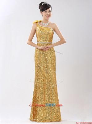 Gorgeous One Shoulder Champagne Sequined Zipper Evening Dress Sleeveless Floor Length Sequins