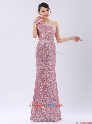 Gorgeous One Shoulder Champagne Sequined Zipper Evening Dress Sleeveless Floor Length Sequins