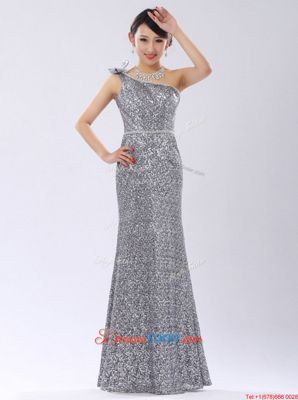 Gorgeous One Shoulder Champagne Sequined Zipper Evening Dress Sleeveless Floor Length Sequins