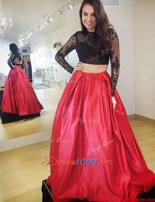 Red Backless High-neck Lace Homecoming Dress Satin Long Sleeves