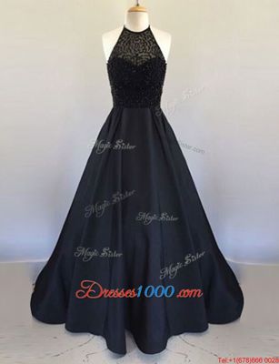 Halter Top Floor Length A-line Sleeveless Black Prom Gown Zipper