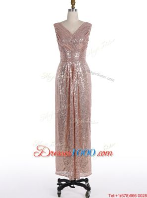 Eye-catching Pink A-line V-neck Sleeveless Sequined Floor Length Zipper Sequins Prom Evening Gown