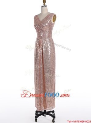 Eye-catching Pink A-line V-neck Sleeveless Sequined Floor Length Zipper Sequins Prom Evening Gown