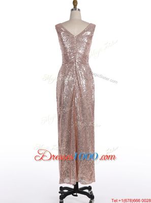 Eye-catching Pink A-line V-neck Sleeveless Sequined Floor Length Zipper Sequins Prom Evening Gown