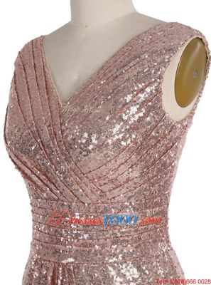 Eye-catching Pink A-line V-neck Sleeveless Sequined Floor Length Zipper Sequins Prom Evening Gown