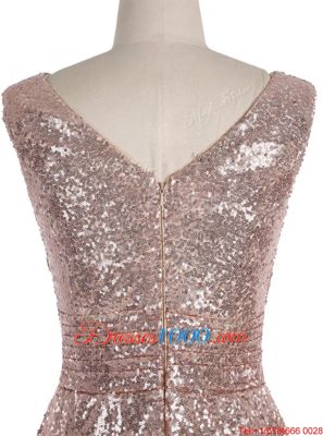 Eye-catching Pink A-line V-neck Sleeveless Sequined Floor Length Zipper Sequins Prom Evening Gown