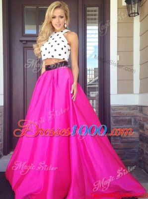 Fashion Halter Top Fuchsia Sleeveless Satin Zipper Prom Dresses for Prom and Party