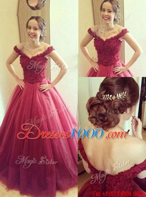 Pretty Off the Shoulder Floor Length Lace Up Prom Evening Gown Fuchsia and In for Prom and Party with Appliques