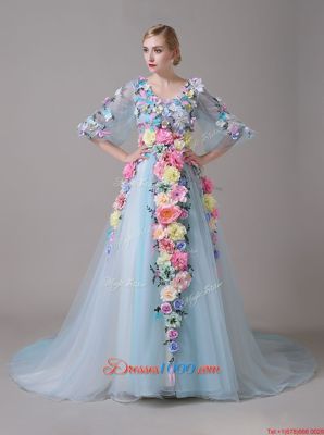 Cheap Blue V-neck Neckline Hand Made Flower Prom Dresses Half Sleeves Zipper