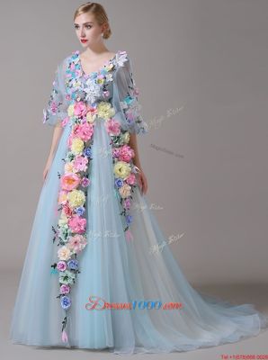 Cheap Blue V-neck Neckline Hand Made Flower Prom Dresses Half Sleeves Zipper