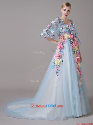 Cheap Blue V-neck Neckline Hand Made Flower Prom Dresses Half Sleeves Zipper