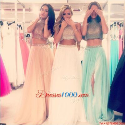 Halter Top Blue Tulle Zipper Prom Gown Sleeveless Floor Length Beading