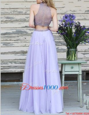 Halter Top Blue Tulle Zipper Prom Gown Sleeveless Floor Length Beading