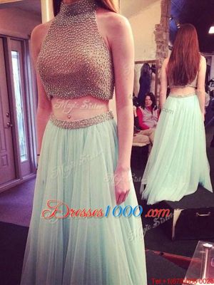 Halter Top Blue Tulle Zipper Prom Gown Sleeveless Floor Length Beading