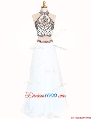 Adorable A-line Prom Dress Blue Halter Top Tulle Sleeveless Floor Length Zipper