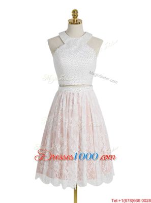 Attractive Halter Top Lace Sleeveless Knee Length Beading Zipper Homecoming Dress with Pink And White