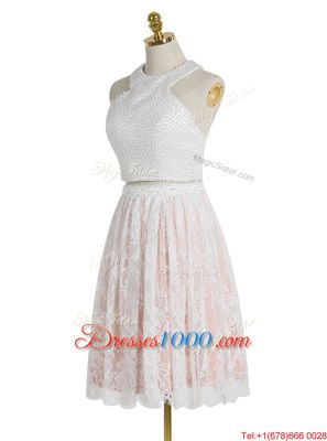 Attractive Halter Top Lace Sleeveless Knee Length Beading Zipper Homecoming Dress with Pink And White