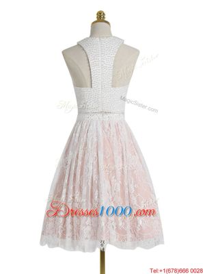 Attractive Halter Top Lace Sleeveless Knee Length Beading Zipper Homecoming Dress with Pink And White