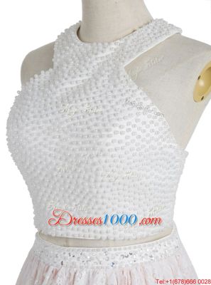 Attractive Halter Top Lace Sleeveless Knee Length Beading Zipper Homecoming Dress with Pink And White