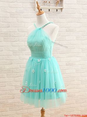 Nice A-line Club Wear Aqua Blue Straps Tulle Sleeveless Mini Length Lace Up