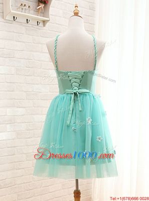 Nice A-line Club Wear Aqua Blue Straps Tulle Sleeveless Mini Length Lace Up