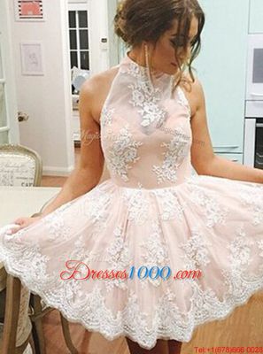 Champagne A-line Lace High-neck Sleeveless Lace Mini Length Zipper Dress for Prom