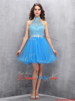 Fabulous Tulle High-neck Sleeveless Zipper Beading Prom Party Dress in Blue