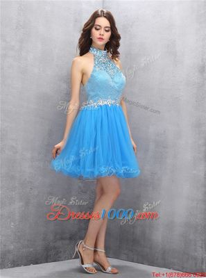 Fabulous Tulle High-neck Sleeveless Zipper Beading Prom Party Dress in Blue