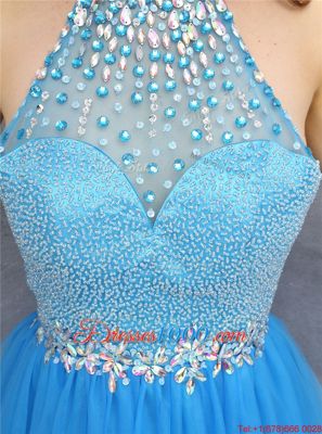 Fabulous Tulle High-neck Sleeveless Zipper Beading Prom Party Dress in Blue