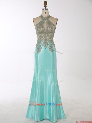 Best Selling Aqua Blue Mermaid High-neck Sleeveless Satin Floor Length Zipper Beading Homecoming Party Dress