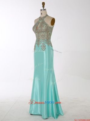 Best Selling Aqua Blue Mermaid High-neck Sleeveless Satin Floor Length Zipper Beading Homecoming Party Dress