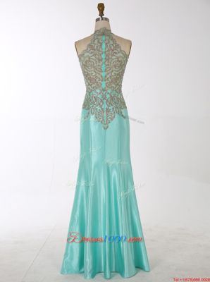 Best Selling Aqua Blue Mermaid High-neck Sleeveless Satin Floor Length Zipper Beading Homecoming Party Dress