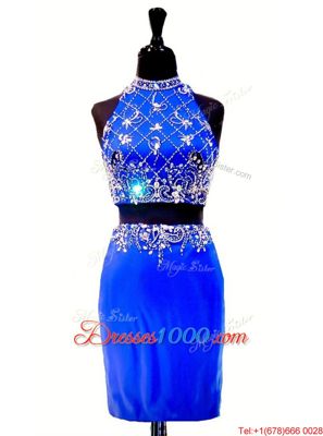 Elastic Woven Satin High-neck Sleeveless Zipper Beading Evening Dress in Royal Blue