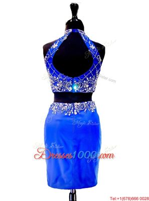 Elastic Woven Satin High-neck Sleeveless Zipper Beading Evening Dress in Royal Blue