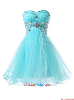 Charming Blue Lace Up Prom Dresses Beading Sleeveless Knee Length