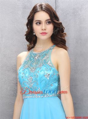 Perfect Scoop Blue Sleeveless Knee Length Beading Criss Cross Dress for Prom