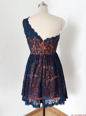 Navy Blue One Shoulder Zipper Lace Dress for Prom Sleeveless