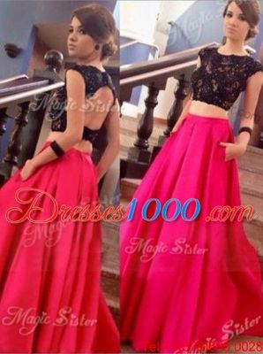 Hot Selling Backless Scoop Cap Sleeves Prom Dresses Floor Length Lace Red Satin