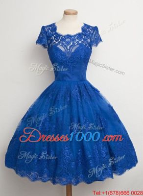 Royal Blue Zipper Square Lace Prom Dresses Lace Cap Sleeves
