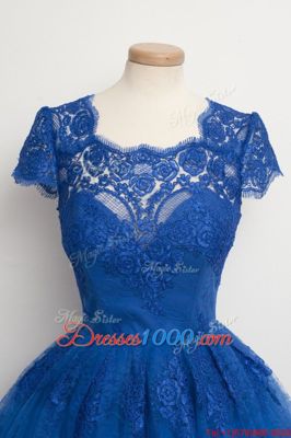 Royal Blue Zipper Square Lace Prom Dresses Lace Cap Sleeves