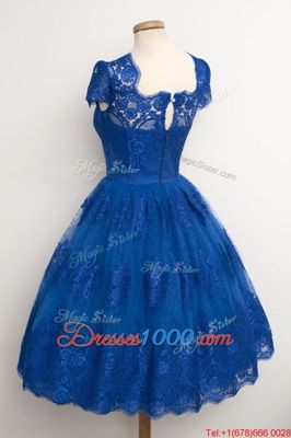 Royal Blue Zipper Square Lace Prom Dresses Lace Cap Sleeves