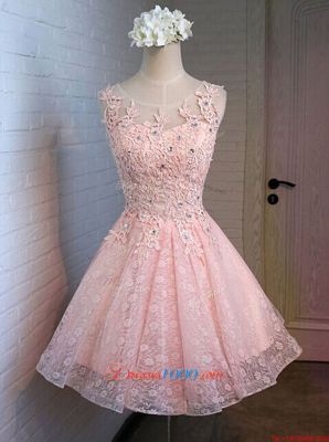Pink Lace Up Scoop Appliques Prom Dress Lace Sleeveless