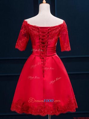 Gorgeous Off the Shoulder Half Sleeves Satin Mini Length Lace Up Dress for Prom in Red for with Appliques and Pleated