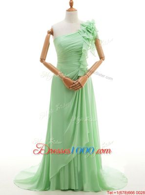 Exceptional One Shoulder Green Chiffon Lace Up Prom Dresses Sleeveless With Train Sweep Train Ruffles and Hand Made Flower
