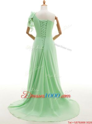 Exceptional One Shoulder Green Chiffon Lace Up Prom Dresses Sleeveless With Train Sweep Train Ruffles and Hand Made Flower