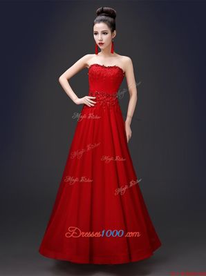 Dynamic Red Lace Up Strapless Beading and Appliques Prom Gown Chiffon Sleeveless