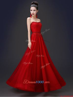 Dynamic Red Lace Up Strapless Beading and Appliques Prom Gown Chiffon Sleeveless