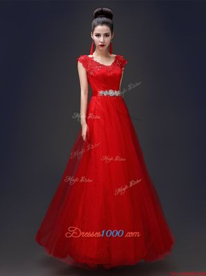 Inexpensive Scoop Red Lace Up Evening Dress Beading and Appliques Sleeveless Floor Length